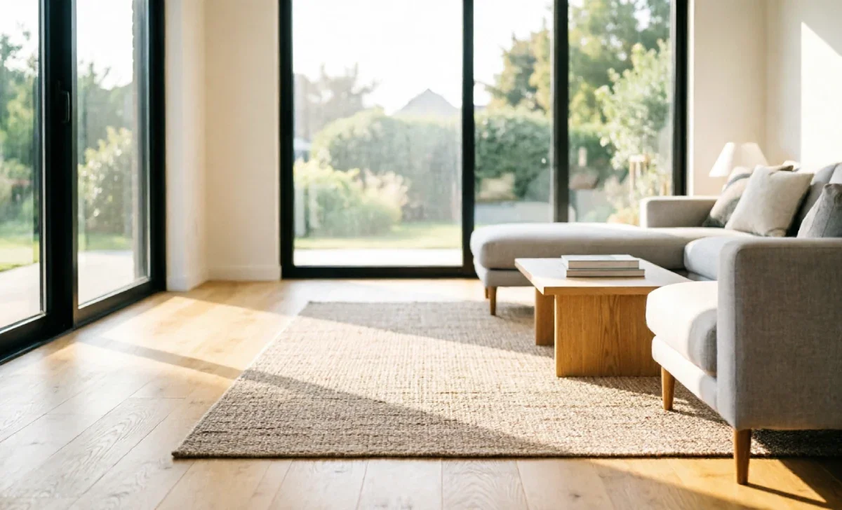 Bamboo flooring installed in a bright modern living room with natural grain