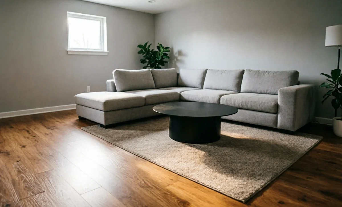 Best flooring for basements shown in a finished room with vinyl plank floor