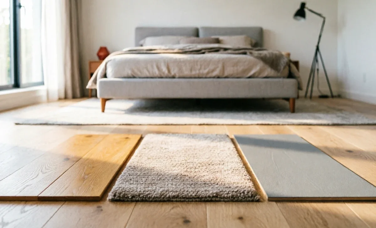 Best flooring for bedrooms shown with carpet, hardwood, and LVP samples