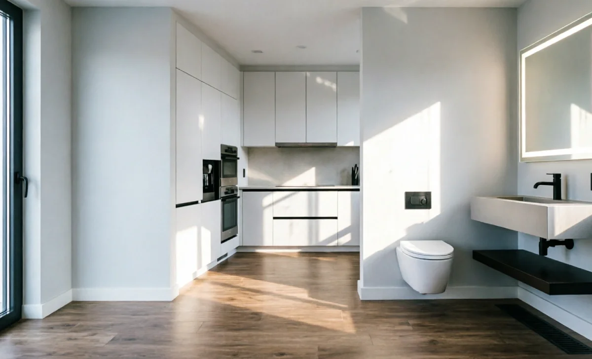Best kitchen bathroom flooring comparison showing vinyl plank and porcelain tile in a modern home