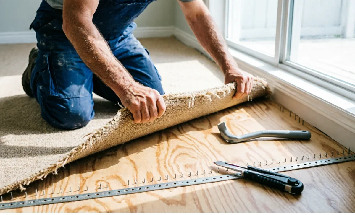 Carpet Removal and Floor Prep: person removing old carpet, exposing subfloor with tack strips.