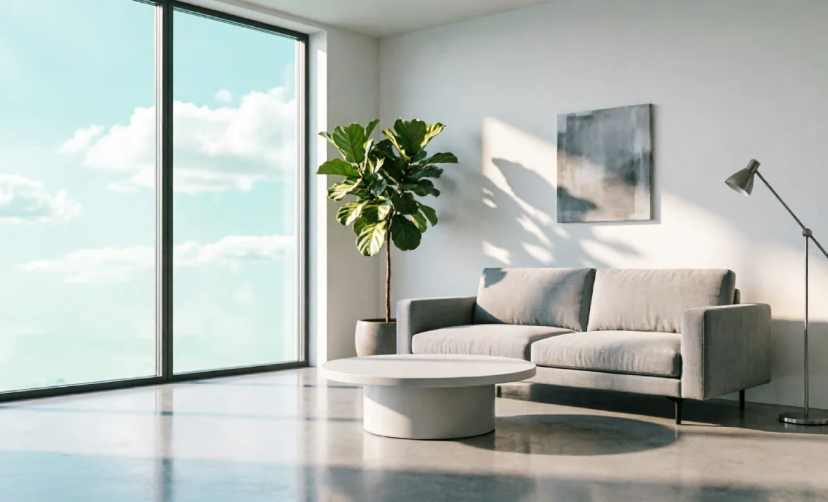 Polished concrete flooring in a modern open plan living room