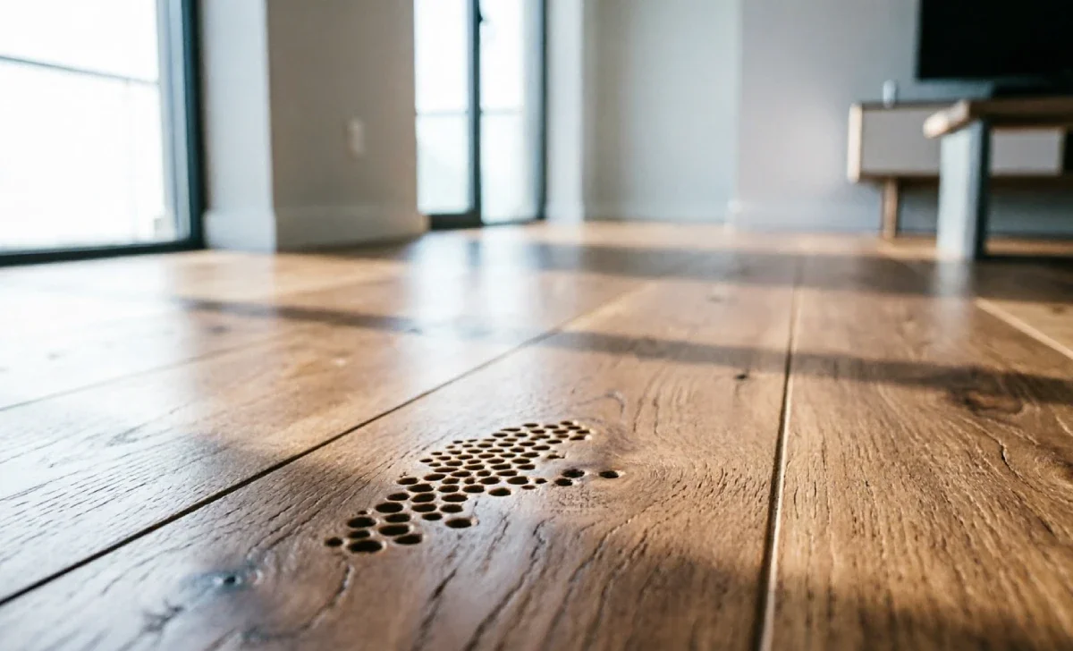 Cork flooring planks installed in a bright modern living room with natural light