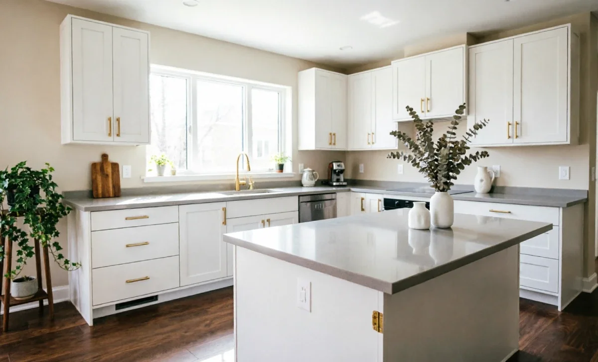 Dark flooring kitchen with white cabinets showing rich walnut wood floor and modern contrast design