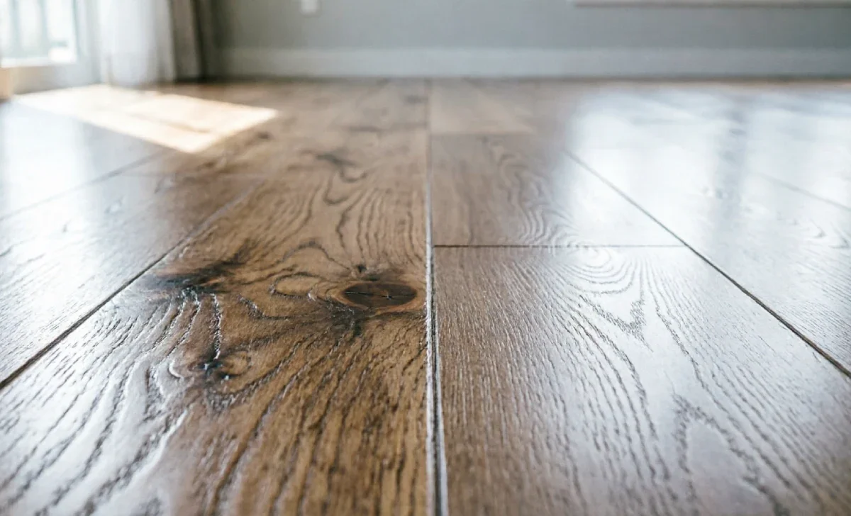 Hardwood versus engineered wood flooring side by side in a bright living room