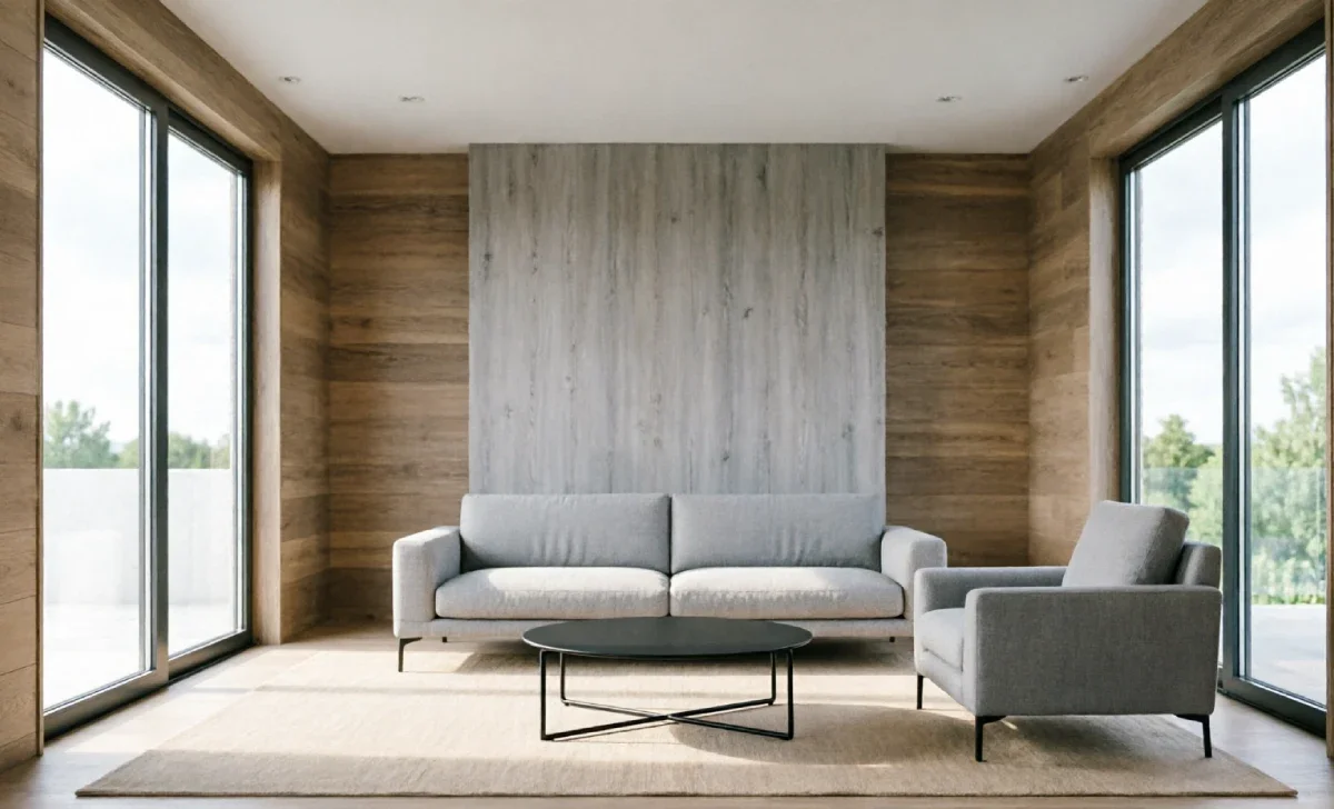Laminate flooring on walls ideas: horizontal gray planks accent wall in contemporary living room with modern decor 2026