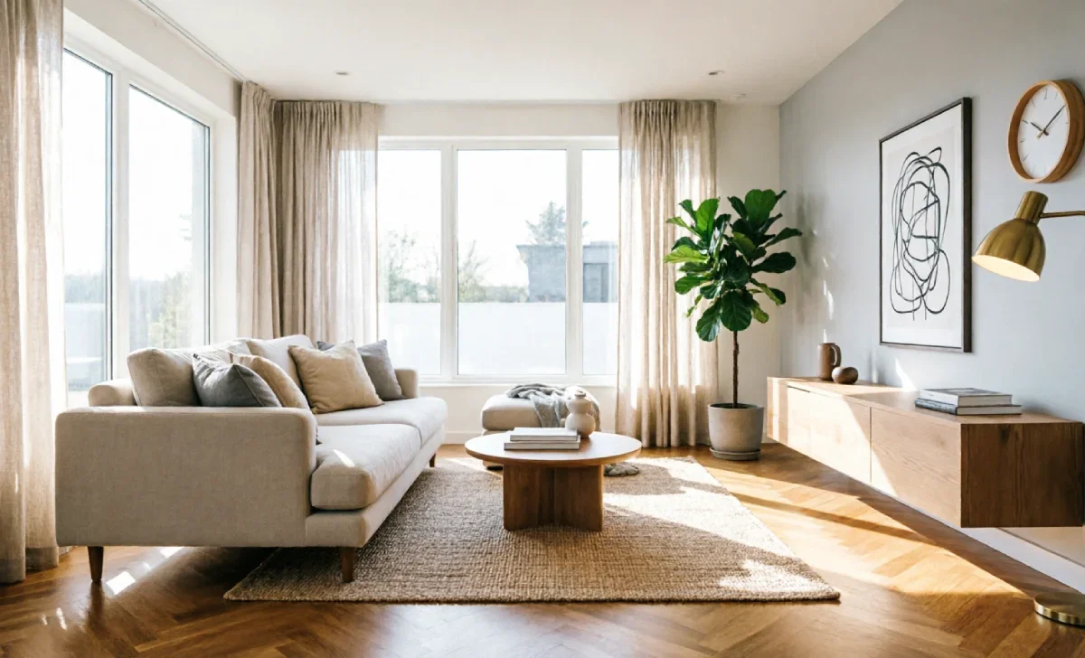 Modern Home Flooring Trends 2026 - warm herringbone hardwood flooring in a bright living room
