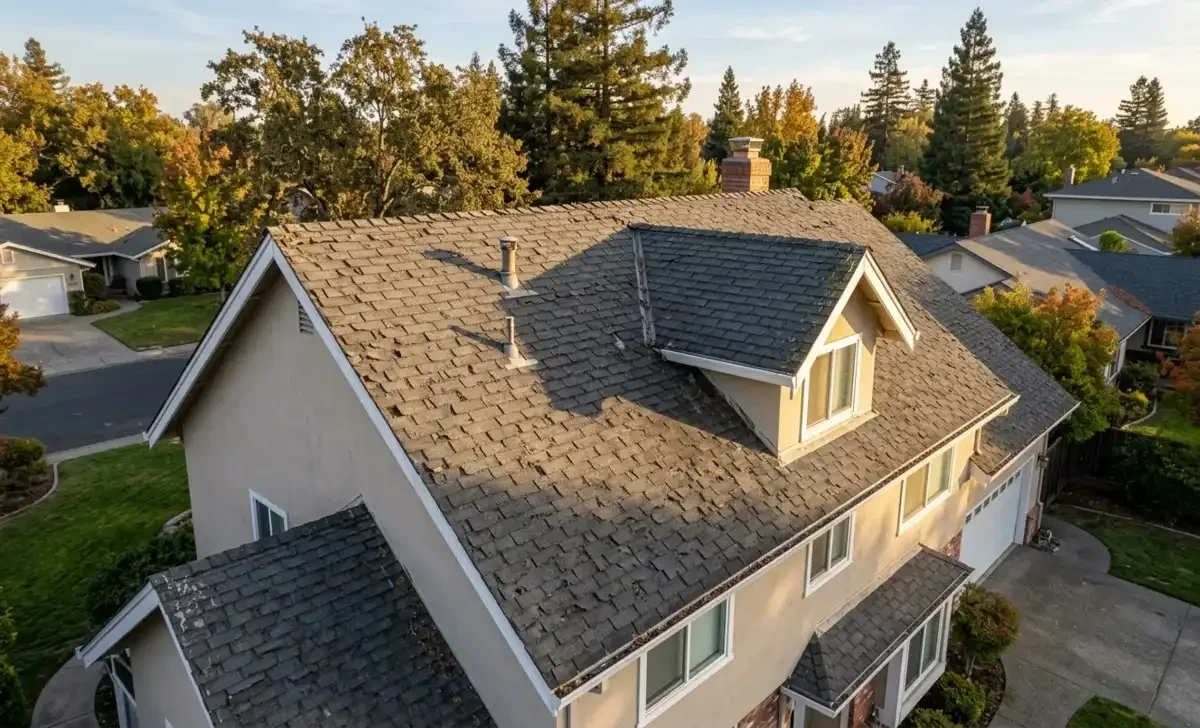 Aging asphalt shingle roof on a suburban house showing visible wear and curling shingles