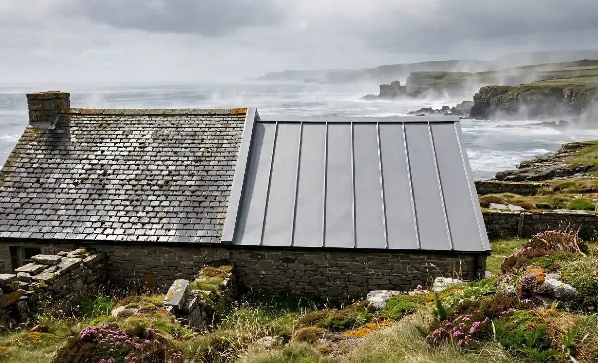 Pitched roof of a stone UK coastal cottage with grey slate and metal roofing under overcast sky