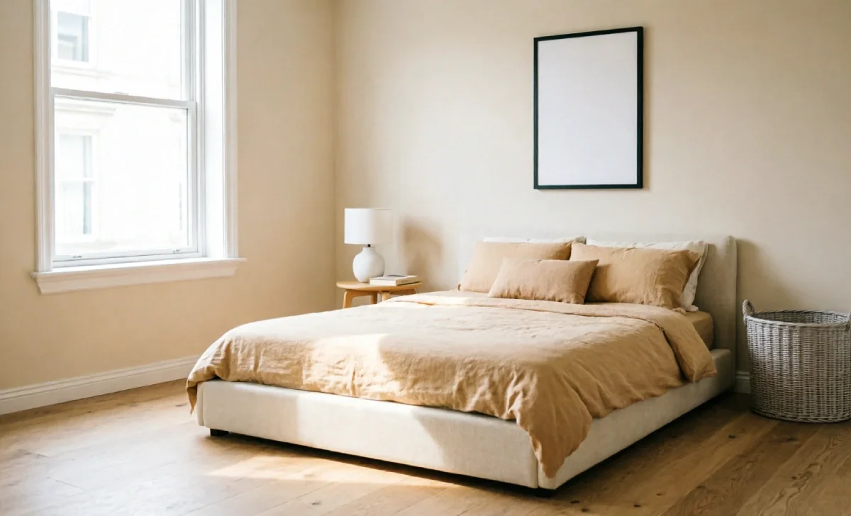 Small Space Flooring Selection: bedroom with light wide-plank flooring and natural daylight