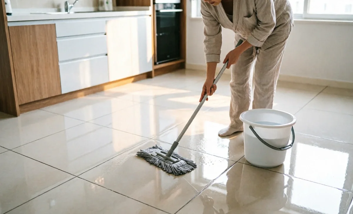 Tile Flooring Maintenance Tips: mopping a clean ceramic tile floor with mild cleaner.