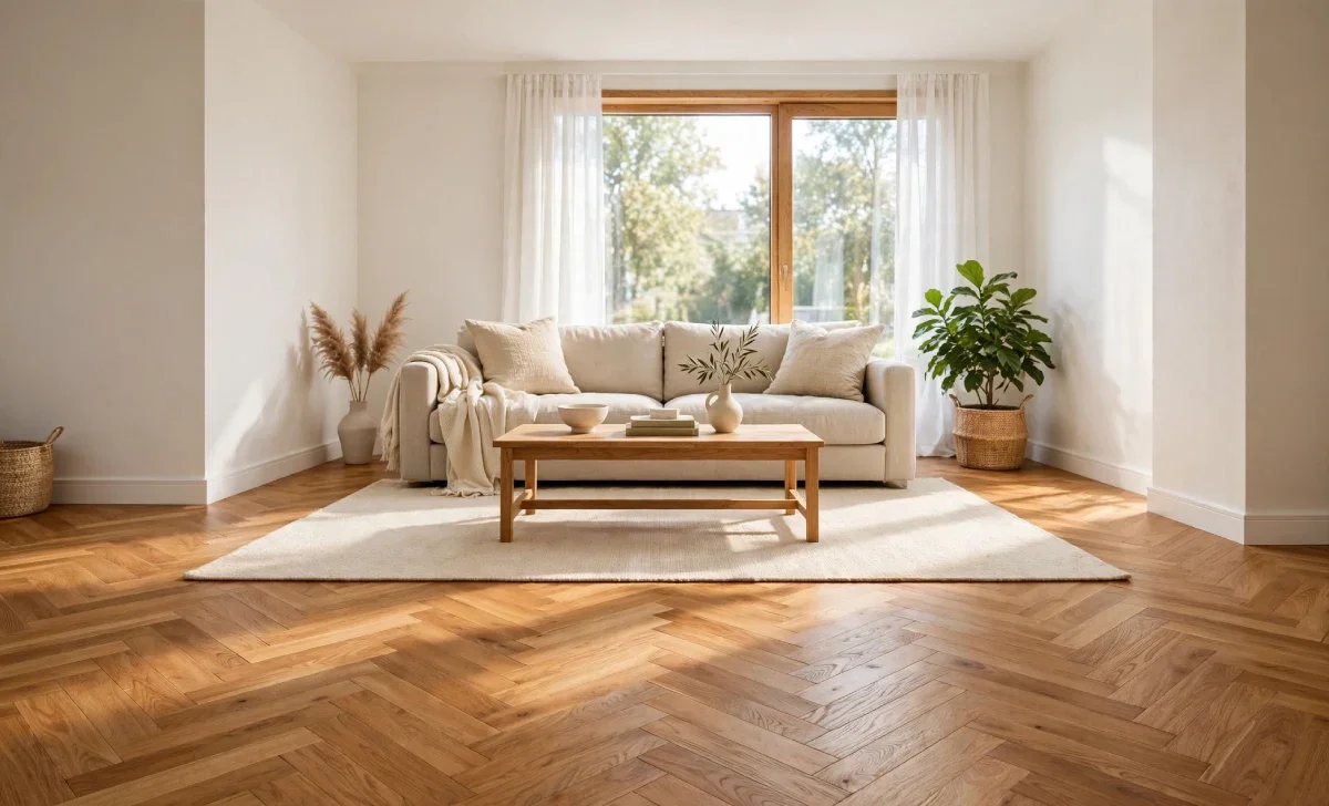 Unique Flooring Ideas with herringbone hardwood in a bright living room