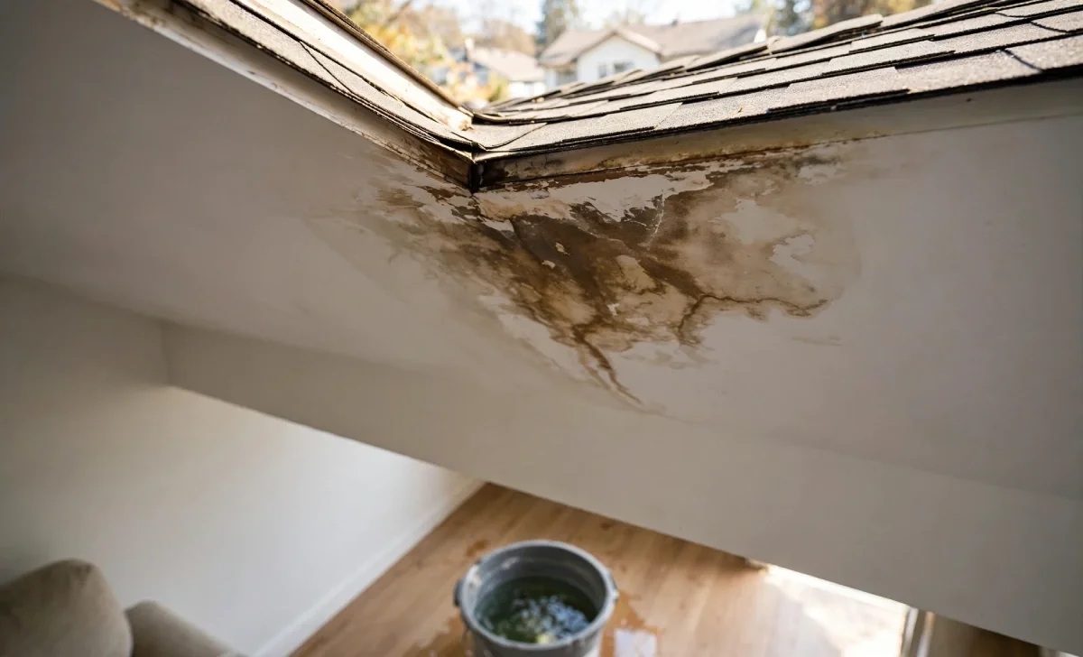 Roof leak water stain on ceiling